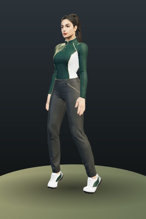 Emerald Tour Icon: emerald long-sleeve top, charcoal trousers