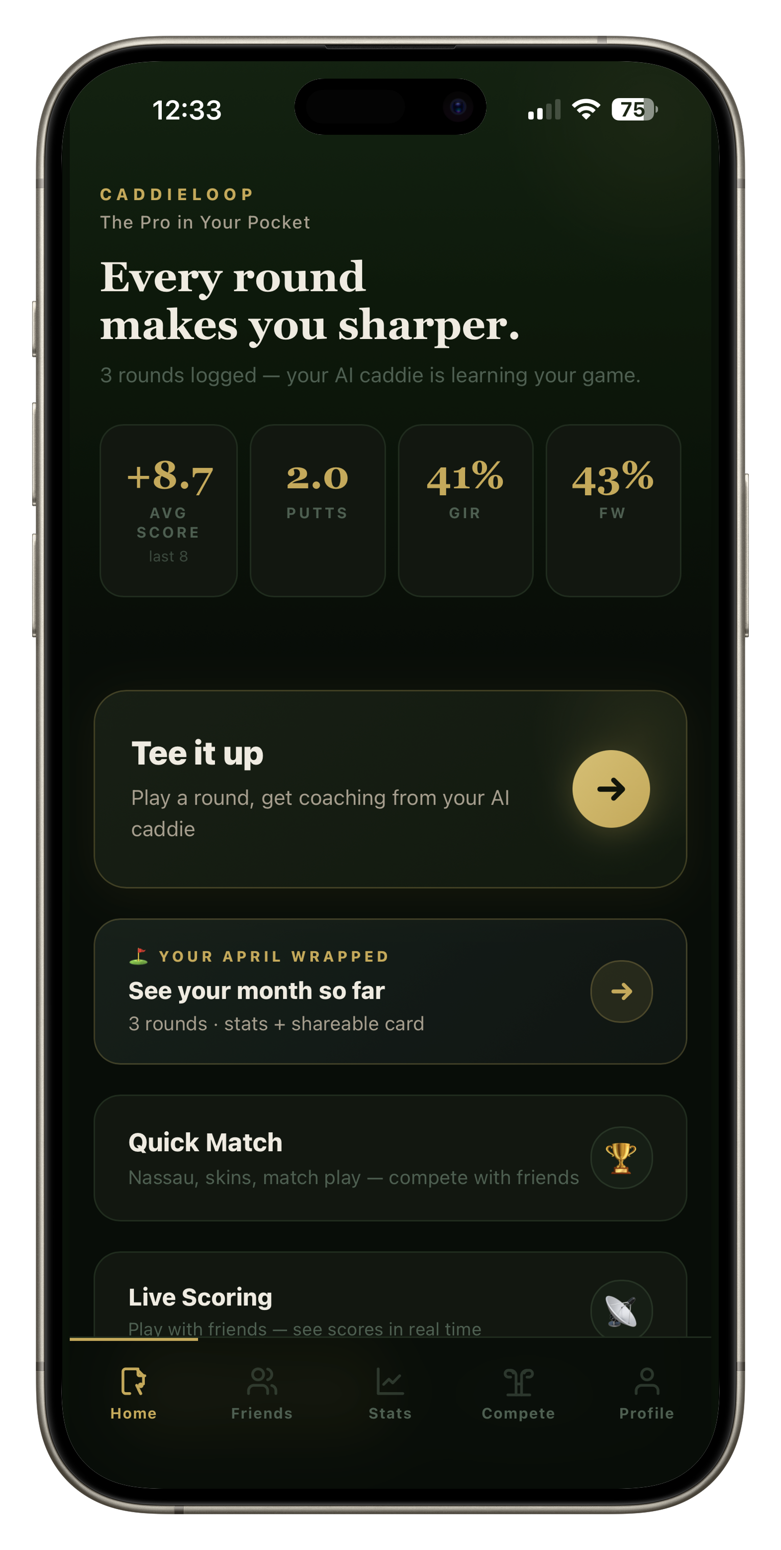 CaddieLoop home dashboard